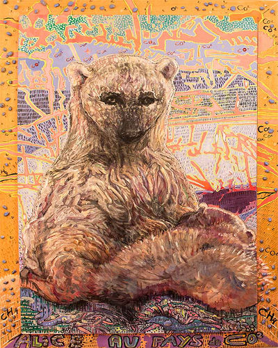 acrylique & vernis  & pierre collée sur cadre